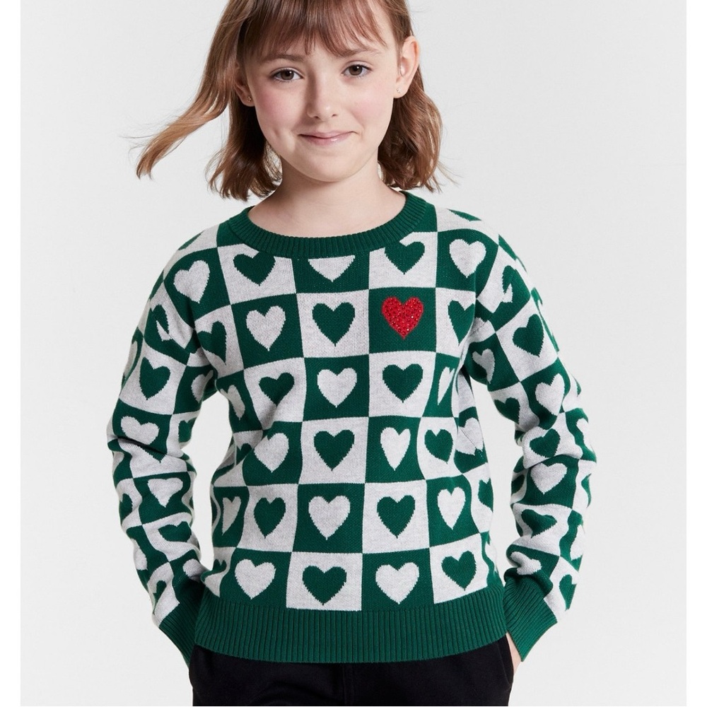 Epic Threads Girls Heart Sweater Size XS 5/6 Green Check Pullover‎ NEW